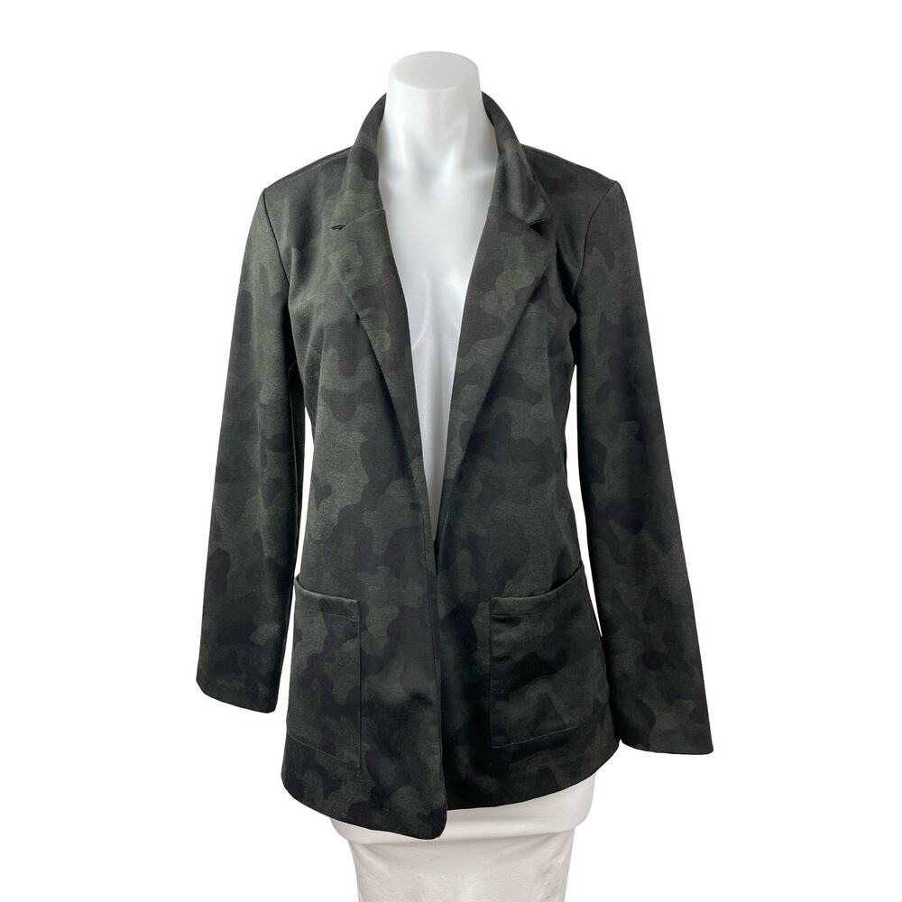 Rachel Zoe Black Green Camo Army Long Sleeve Open Blazer Coat Jacket Size S